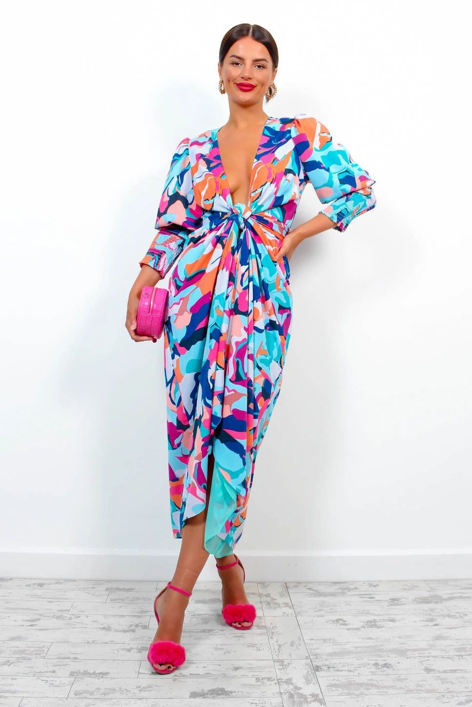 Glamorous Drive Em Wild - Blue Multi Abstract Midi Wrap Dress 2 Glamorous Drive Em Wild - Blue Multi Abstract Midi Wrap Dress - Image 2