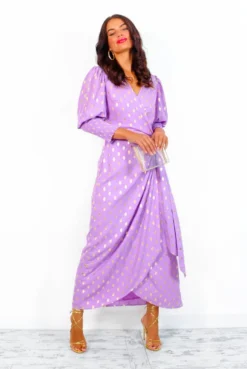 Glamorous Drive 'Em Wild - Lilac Gold Foil Spot Midi Wrap Dress -Glamoros Clothing Shop DriveEmWild LilacGoldFoilSpotMidiWrapDress