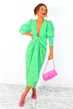 Glamorous Drive 'Em Wild - Lime Forest Leopard Print Midi Wrap Dress