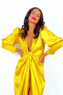 Glamorous Drive Em Wild - Mustard Leopard Jacquard Midi Wrap Dress -Glamoros Clothing Shop DriveEmWild YellowLeopardJacquardMidiWrapDress 4
