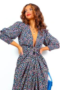 Glamorous Drive Em Wild - Black Blue Multi Abstract Midi Wrap Dress