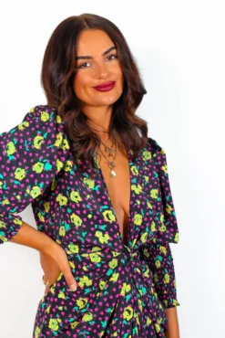 Glamorous Drive Em Wild - Black Multi Rose Midi Wrap Dress -Glamoros Clothing Shop Drive EmWild BlackMultiRoseMidiWrapDress1