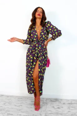 Glamorous Drive Em Wild - Black Multi Rose Midi Wrap Dress