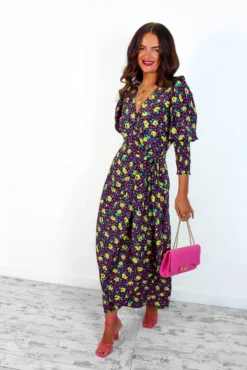 Glamorous Drive Em Wild - Black Multi Rose Midi Wrap Dress -Glamoros Clothing Shop Drive EmWild BlackMultiRoseMidiWrapDress4