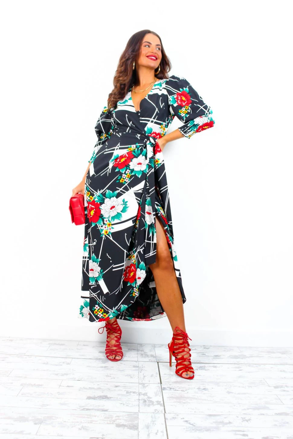 Glamorous Drive Em Wild - Black White Floral Abstract Print Midi Wrap Dress 6 Glamorous Drive Em Wild - Black White Floral Abstract Print Midi Wrap Dress - Image 6