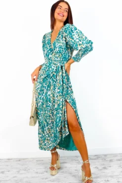 Glamorous Drive Em Wild - Blue Beige Animal Print Midi Wrap Dress -Glamoros Clothing Shop Drive EmWild BlueBeigeAnimalPrintMidiWrapDress 3