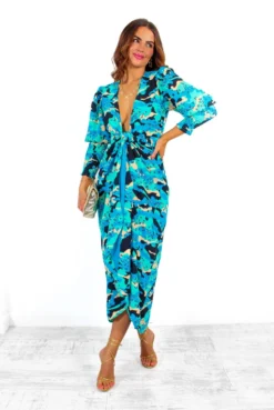 Glamorous Drive Em Wild - Blue Turquoise Camo Leopard Print Midi Wrap Dress