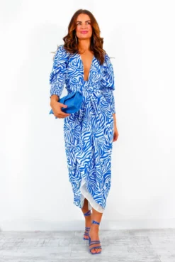 Glamorous Drive Em Wild - Blue White Zebra Print Midi Wrap Dress -Glamoros Clothing Shop Drive EmWild BlueWhiteZebraPrintMidiWrapDress 5