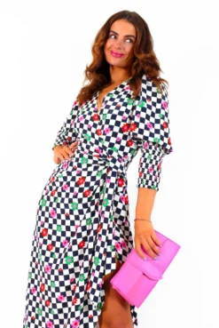 Glamorous Drive Em Wild - Checkerboard Flower Print Midi Wrap Dress -Glamoros Clothing Shop Drive EmWild CheckerboardFlowerPrintMidiWrapDress 3