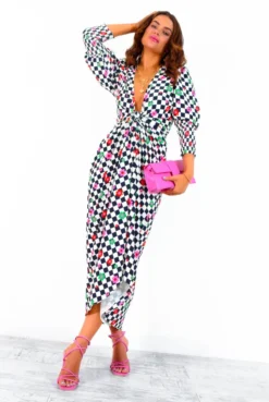 Glamorous Drive Em Wild - Checkerboard Flower Print Midi Wrap Dress -Glamoros Clothing Shop Drive EmWild CheckerboardFlowerPrintMidiWrapDress 5