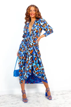 Glamorous Drive Em Wild - Cobalt Orange Leopard Midi Wrap Dress -Glamoros Clothing Shop Drive EmWild CobaltOrangeLeopardMidiWrapDress 2