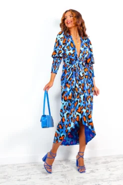 Glamorous Drive Em Wild - Cobalt Orange Leopard Midi Wrap Dress -Glamoros Clothing Shop Drive EmWild CobaltOrangeLeopardMidiWrapDress 3