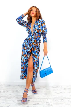 Glamorous Drive Em Wild - Cobalt Orange Leopard Midi Wrap Dress