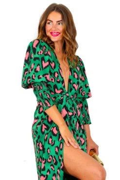 Glamorous Drive 'Em Wild - Forest Pink Leopard Midi Wrap Dress -Glamoros Clothing Shop Drive EmWild ForestPinkLeopardMidiWrapDress 1