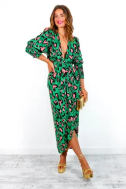 Glamorous Drive 'Em Wild - Forest Pink Leopard Midi Wrap Dress