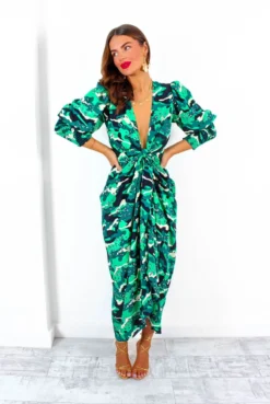 Glamorous Drive Em Wild - Green Black Animal Print Midi Wrap Dress