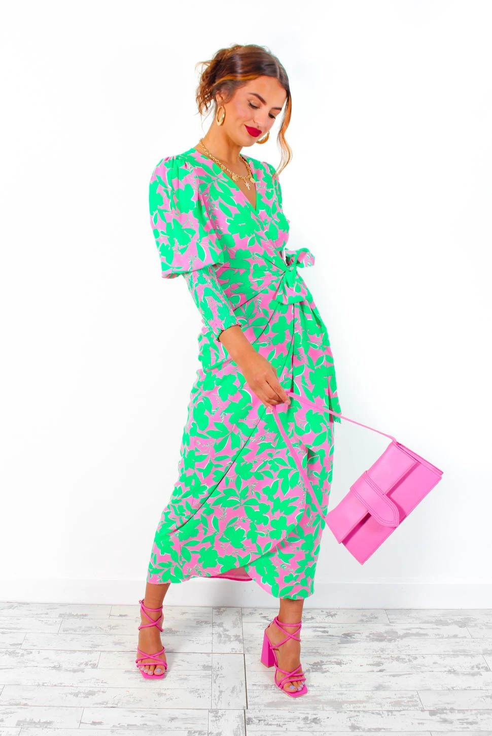 Glamorous Drive 'Em Wild - Green Pink Leaf Print Midi Wrap Dress 8 Glamorous Drive 'Em Wild - Green Pink Leaf Print Midi Wrap Dress - Image 8