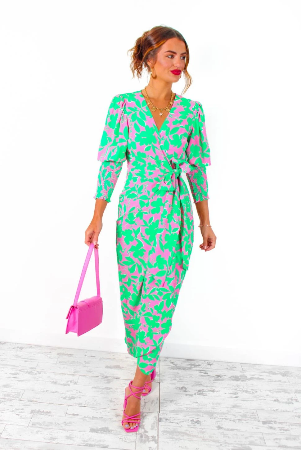 Glamorous Drive 'Em Wild - Green Pink Leaf Print Midi Wrap Dress 2 Glamorous Drive 'Em Wild - Green Pink Leaf Print Midi Wrap Dress - Image 2