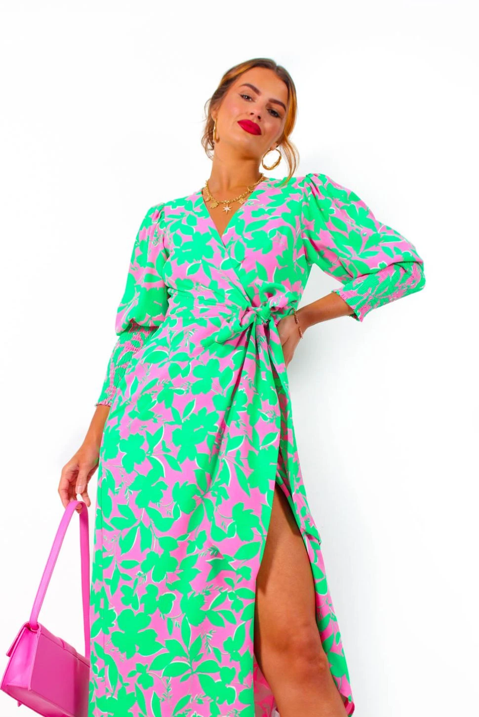 Glamorous Drive 'Em Wild - Green Pink Leaf Print Midi Wrap Dress 6 Glamorous Drive 'Em Wild - Green Pink Leaf Print Midi Wrap Dress - Image 6