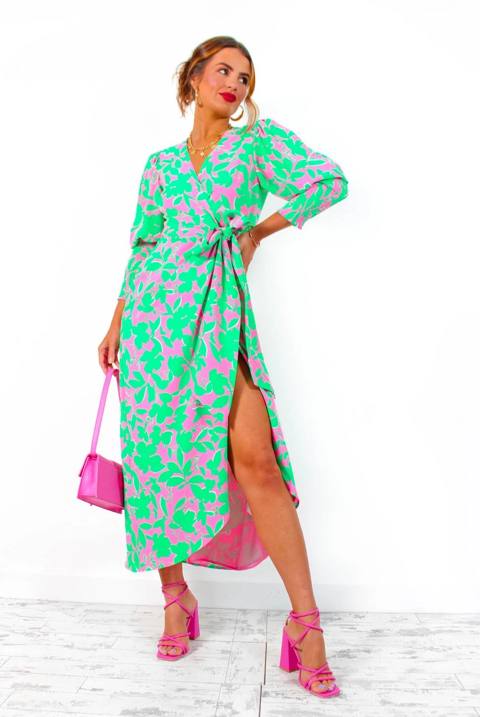 Glamorous Drive 'Em Wild - Green Pink Leaf Print Midi Wrap Dress 4 Glamorous Drive 'Em Wild - Green Pink Leaf Print Midi Wrap Dress - Image 4