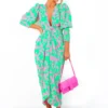 Glamorous Drive 'Em Wild - Green Pink Leaf Print Midi Wrap Dress