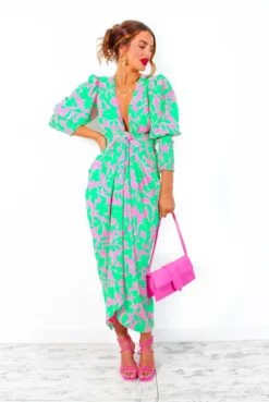 Glamorous Drive 'Em Wild - Green Pink Leaf Print Midi Wrap Dress