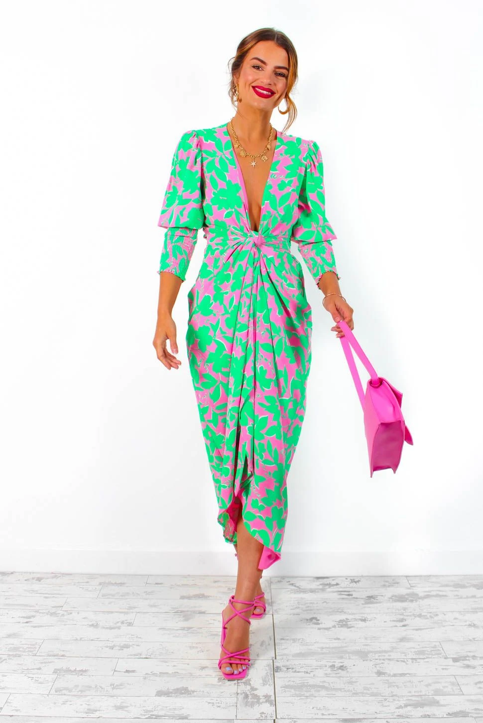 Glamorous Drive 'Em Wild - Green Pink Leaf Print Midi Wrap Dress 5 Glamorous Drive 'Em Wild - Green Pink Leaf Print Midi Wrap Dress - Image 5