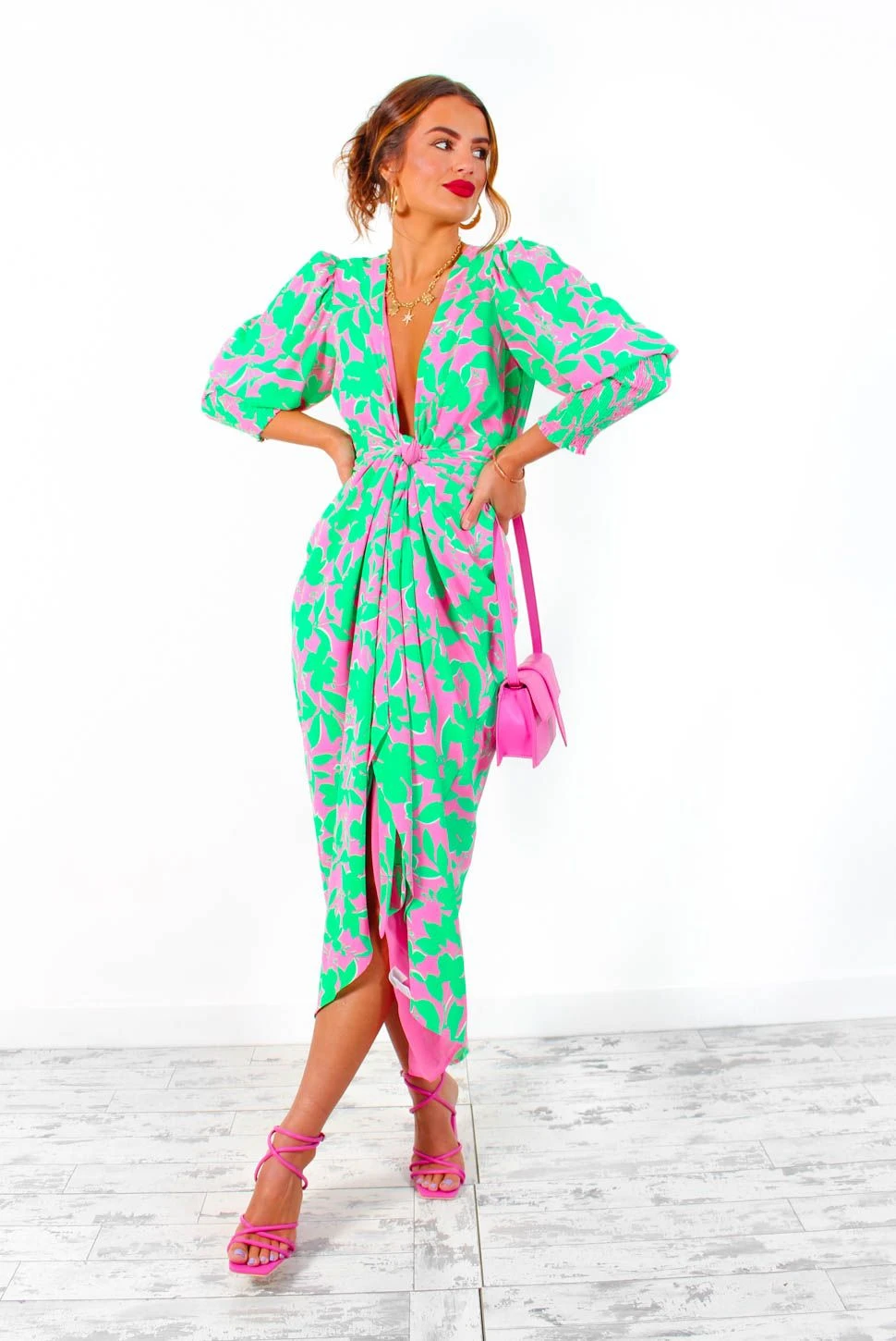 Glamorous Drive 'Em Wild - Green Pink Leaf Print Midi Wrap Dress 3 Glamorous Drive 'Em Wild - Green Pink Leaf Print Midi Wrap Dress - Image 3