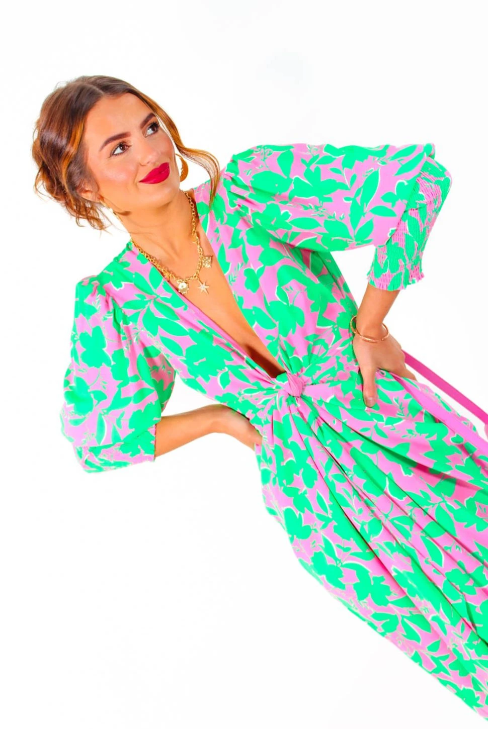 Glamorous Drive 'Em Wild - Green Pink Leaf Print Midi Wrap Dress 7 Glamorous Drive 'Em Wild - Green Pink Leaf Print Midi Wrap Dress - Image 7