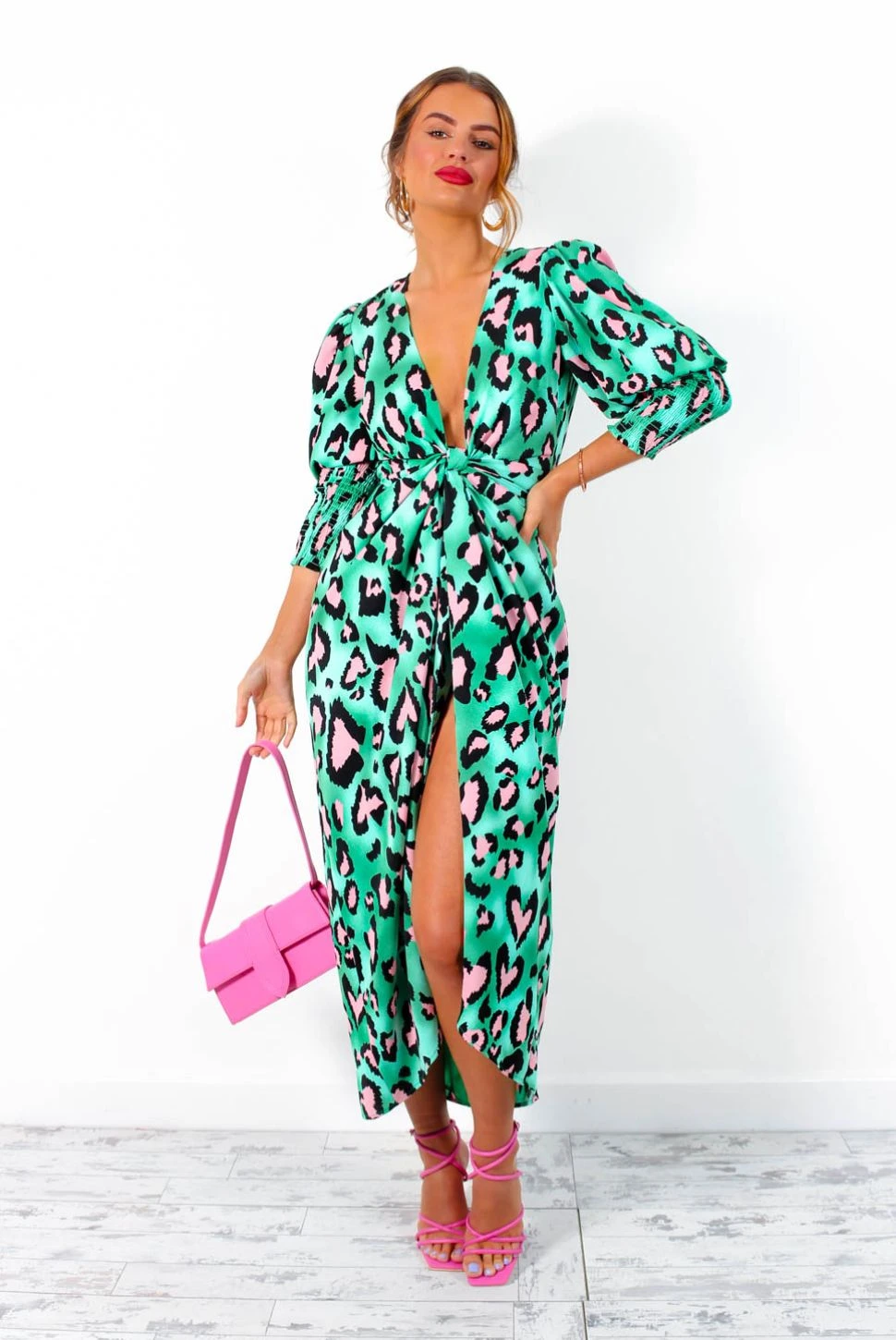 Glamorous Drive Em Wild - Green Pink Leopard Print Midi Wrap Dress 4 Glamorous Drive Em Wild - Green Pink Leopard Print Midi Wrap Dress - Image 4