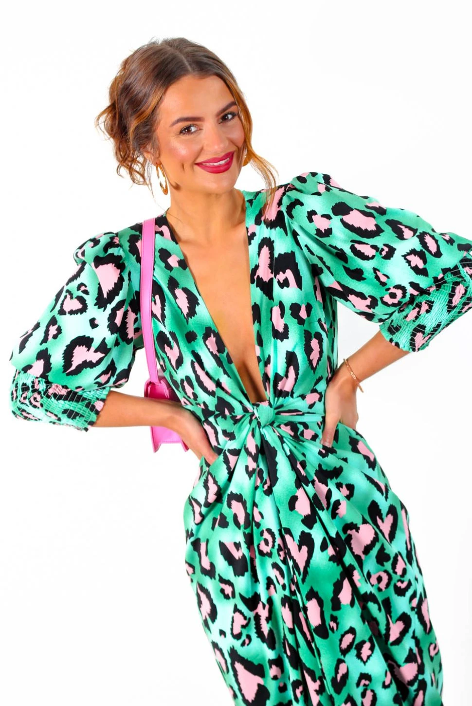 Glamorous Drive Em Wild - Green Pink Leopard Print Midi Wrap Dress 2 Glamorous Drive Em Wild - Green Pink Leopard Print Midi Wrap Dress - Image 2