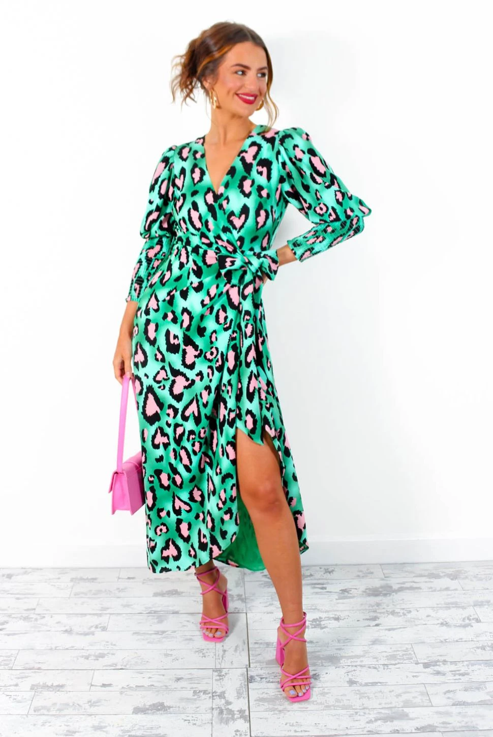 Glamorous Drive Em Wild - Green Pink Leopard Print Midi Wrap Dress 6 Glamorous Drive Em Wild - Green Pink Leopard Print Midi Wrap Dress - Image 6