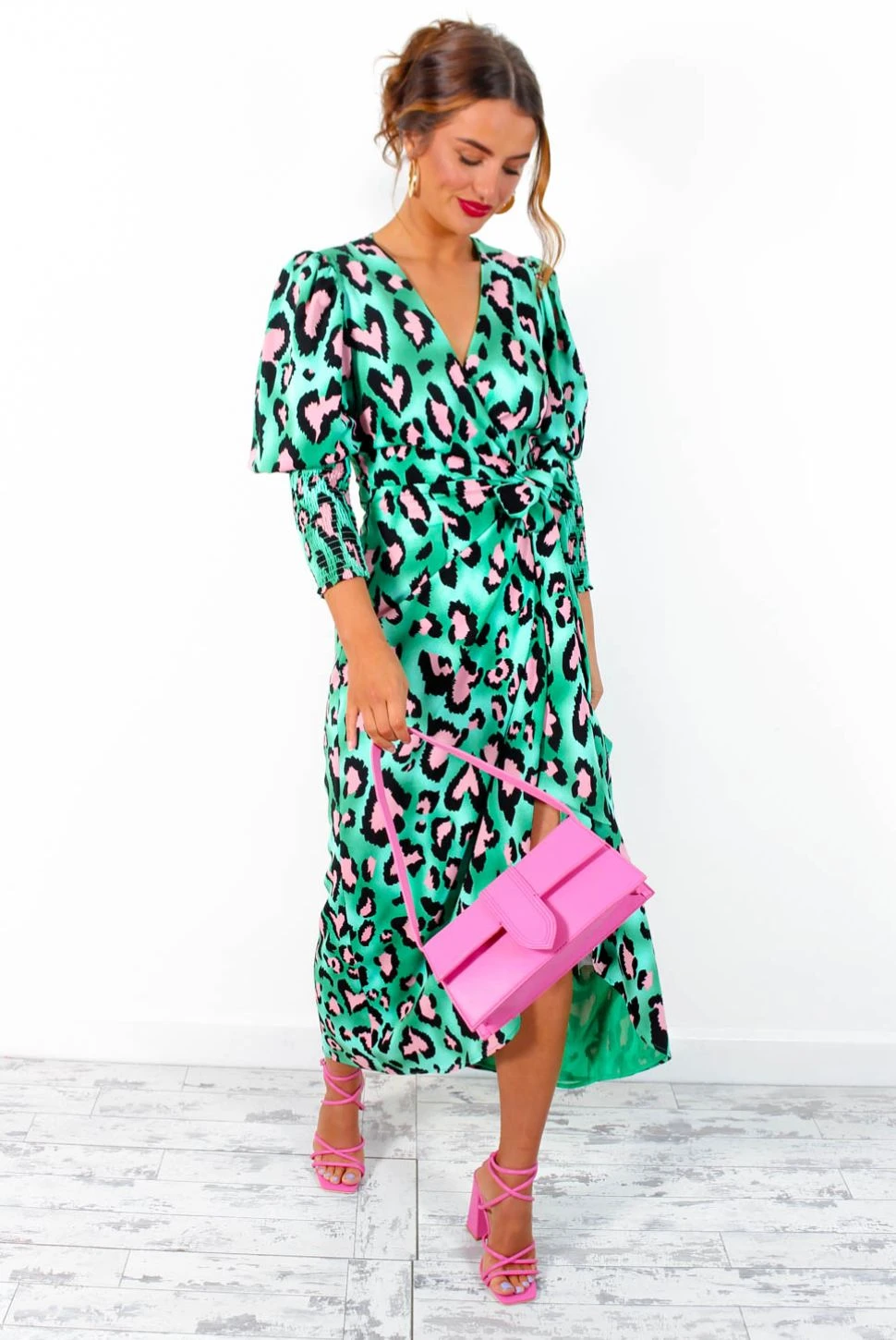 Glamorous Drive Em Wild - Green Pink Leopard Print Midi Wrap Dress 3 Glamorous Drive Em Wild - Green Pink Leopard Print Midi Wrap Dress - Image 3
