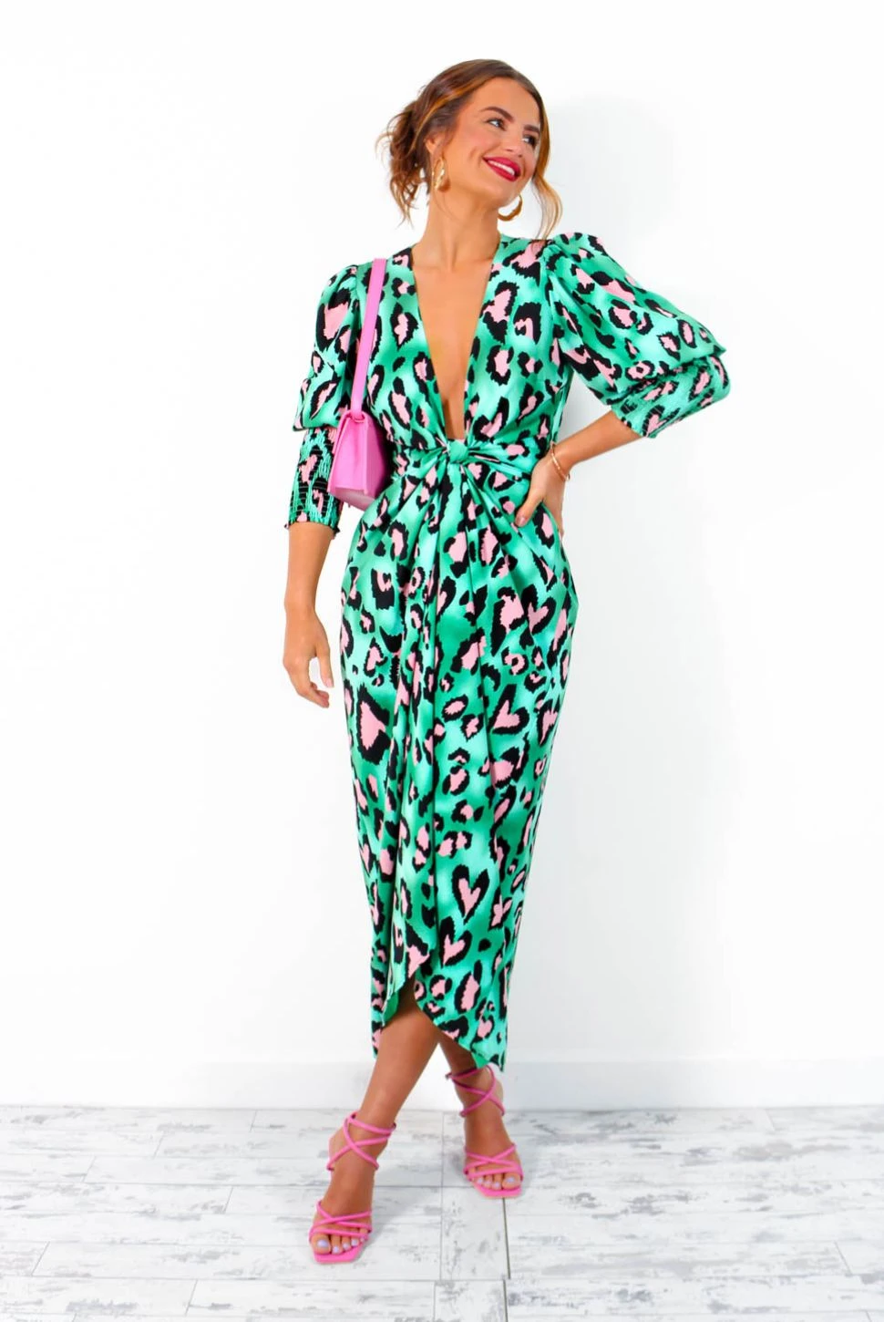 Glamorous Drive Em Wild - Green Pink Leopard Print Midi Wrap Dress 1 Glamorous Drive Em Wild - Green Pink Leopard Print Midi Wrap Dress