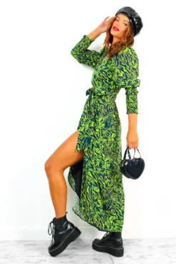 Glamorous Drive Em Wild - Lime Green Black Animal Print Wrap Midi Dress -Glamoros Clothing Shop Drive EmWild LimeGreenBlackAnimalPrintWrapMidiDress 1