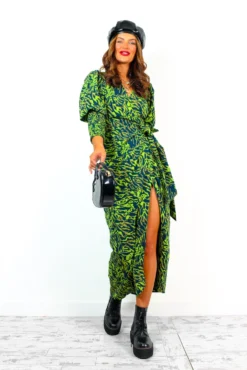 Glamorous Drive Em Wild - Lime Green Black Animal Print Wrap Midi Dress -Glamoros Clothing Shop Drive EmWild LimeGreenBlackAnimalPrintWrapMidiDress 4