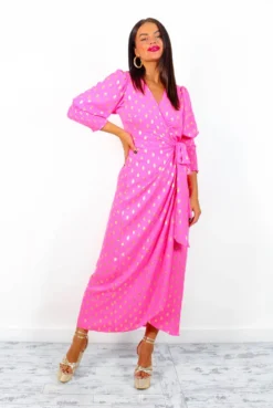 Glamorous Drive 'Em Wild - Pink Gold Foil Midi Wrap Dress -Glamoros Clothing Shop Drive EmWild MagentaGoldFoilMidiWrapDress 1