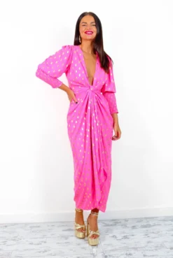 Glamorous Drive 'Em Wild - Pink Gold Foil Midi Wrap Dress -Glamoros Clothing Shop Drive EmWild MagentaGoldFoilMidiWrapDress 5