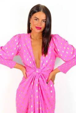 Glamorous Drive 'Em Wild - Pink Gold Foil Midi Wrap Dress -Glamoros Clothing Shop Drive EmWild MagentaGoldFoilMidiWrapDress 6