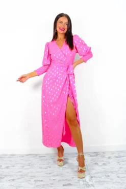 Glamorous Drive 'Em Wild - Pink Gold Foil Midi Wrap Dress -Glamoros Clothing Shop Drive EmWild MagentaGoldFoilMidiWrapDress 7