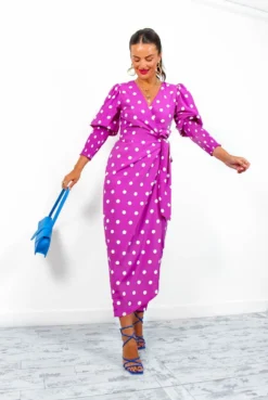 Glamorous Drive Em Wild - Magenta White Polka Dot Midi Wrap Dress -Glamoros Clothing Shop Drive EmWild MagentaWhitePolkaDotMidiWrapDress1
