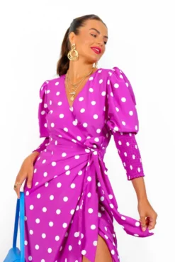 Glamorous Drive Em Wild - Magenta White Polka Dot Midi Wrap Dress -Glamoros Clothing Shop Drive EmWild MagentaWhitePolkaDotMidiWrapDress2