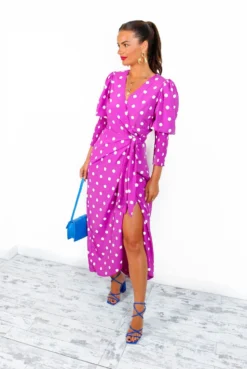 Glamorous Drive Em Wild - Magenta White Polka Dot Midi Wrap Dress -Glamoros Clothing Shop Drive EmWild MagentaWhitePolkaDotMidiWrapDress3