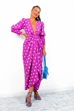 Glamorous Drive Em Wild - Magenta White Polka Dot Midi Wrap Dress -Glamoros Clothing Shop Drive EmWild MagentaWhitePolkaDotMidiWrapDress5