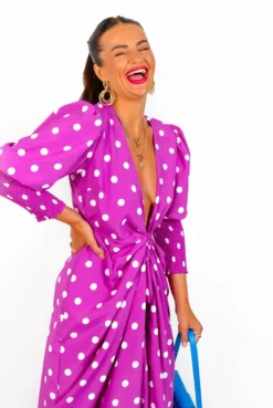 Glamorous Drive Em Wild - Magenta White Polka Dot Midi Wrap Dress -Glamoros Clothing Shop Drive EmWild MagentaWhitePolkaDotMidiWrapDress6