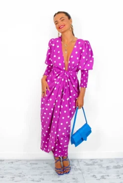 Glamorous Drive Em Wild - Magenta White Polka Dot Midi Wrap Dress -Glamoros Clothing Shop Drive EmWild MagentaWhitePolkaDotMidiWrapDress7