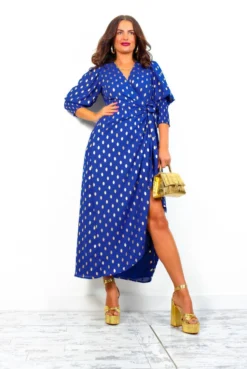 Glamorous Drive 'Em Wild - Cobalt Gold Foil Spot Midi Wrap Dress -Glamoros Clothing Shop Drive EmWild NavyGoldFoilSpotMidiWrapDress 2