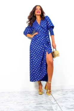 Glamorous Drive 'Em Wild - Cobalt Gold Foil Spot Midi Wrap Dress -Glamoros Clothing Shop Drive EmWild NavyGoldFoilSpotMidiWrapDress 3