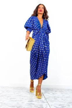 Glamorous Drive 'Em Wild - Cobalt Gold Foil Spot Midi Wrap Dress -Glamoros Clothing Shop Drive EmWild NavyGoldFoilSpotMidiWrapDress 5