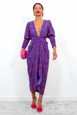 Glamorous Drive Em Wild - Navy Pink Leopard Midi Wrap Dress